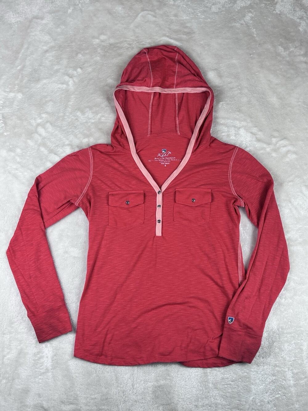 Kuhl Hoodie Women’s Sz S Orange Sora Henley Thin Outdoor Hiking Thumb Holes